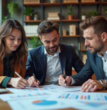 Trois professionnels analysant des graphiques de marché dans un bureau moderne