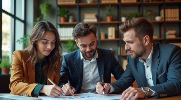 Étude marketing : Découvrez les 4 phases essentielles pour réussir Trois professionnels analysant des graphiques de marché dans un bureau moderne