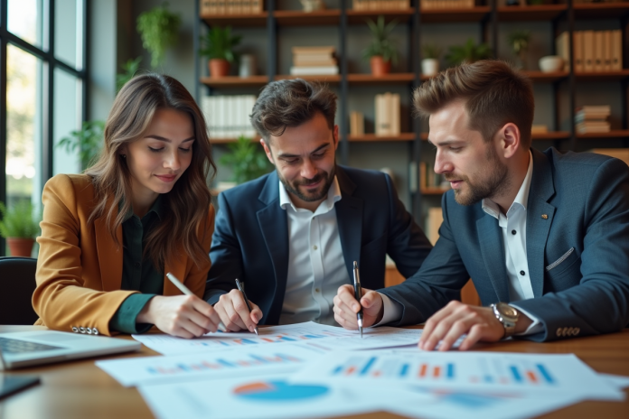 Trois professionnels analysant des graphiques de marché dans un bureau moderne