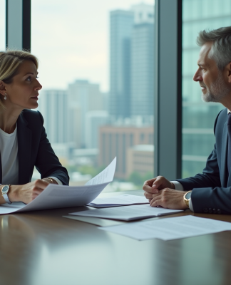 Rôle de l’ESMA : missions, acteurs et enjeux régulatoires Homme et femme d'affaires discutant à une réunion financière