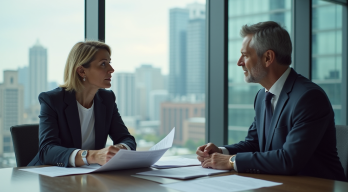 Homme et femme d'affaires discutant à une réunion financière