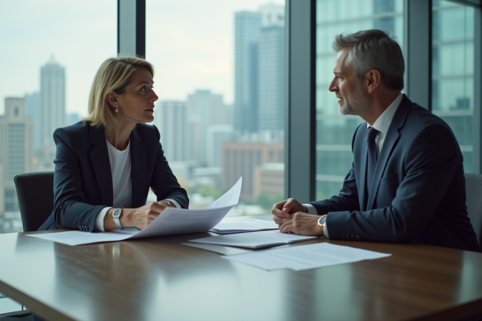 Homme et femme d'affaires discutant à une réunion financière