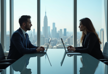 Deux professionnels en réunion dans un bureau moderne avec skyline