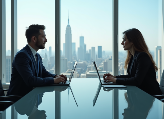 Comparaison BCG vs Deloitte : Avantages, différences et choix à faire ! Deux professionnels en réunion dans un bureau moderne avec skyline