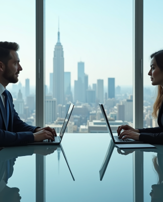 Deux professionnels en réunion dans un bureau moderne avec skyline