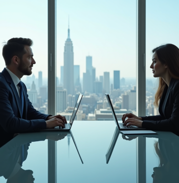 Deux professionnels en réunion dans un bureau moderne avec skyline