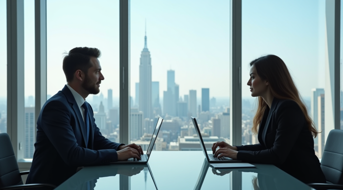 Deux professionnels en réunion dans un bureau moderne avec skyline