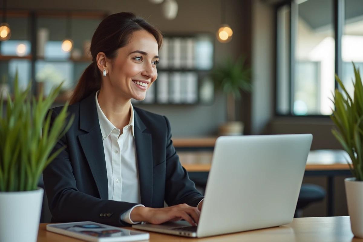 Professionnelle utilisant un ordinateur portable pour gérer son programme de fidélité Loxam dans un bureau moderne