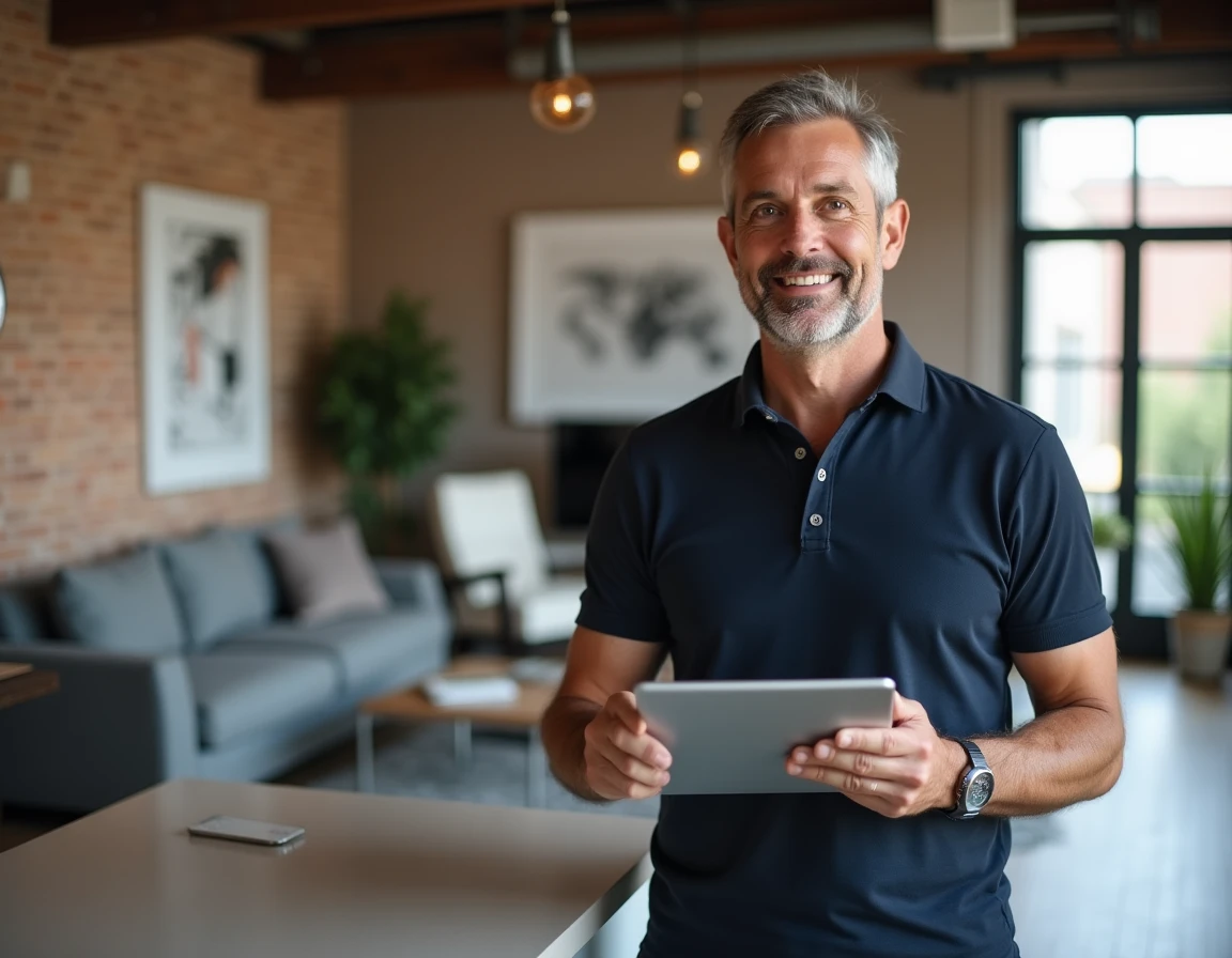 Propriétaire de location saisonnière consultant un tableau de bord de promotions et de disponibilités sur tablette dans son appartement