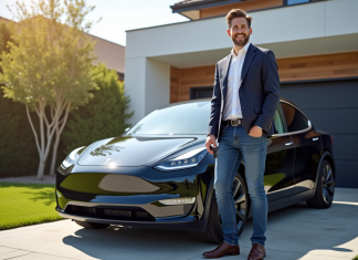 Propriétaire Tesla souriant devant sa Model Y devant une maison moderne