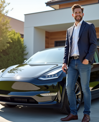 Fidélité à la marque Tesla : les raisons et bénéfices pour les consommateurs Propriétaire Tesla souriant devant sa Model Y devant une maison moderne