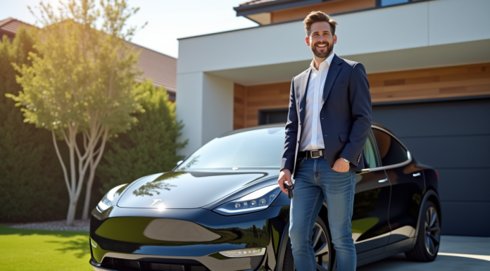 Propriétaire Tesla souriant devant sa Model Y devant une maison moderne