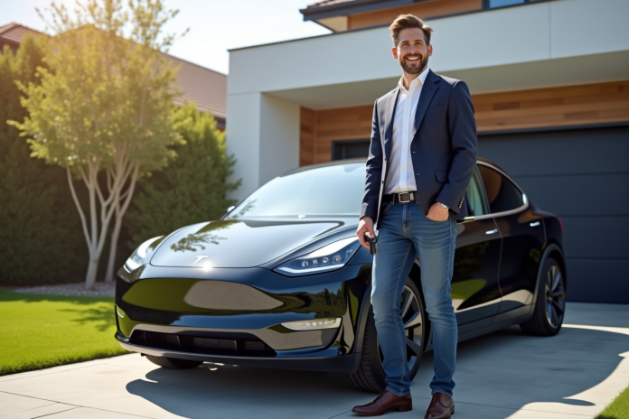 Propriétaire Tesla souriant devant sa Model Y devant une maison moderne