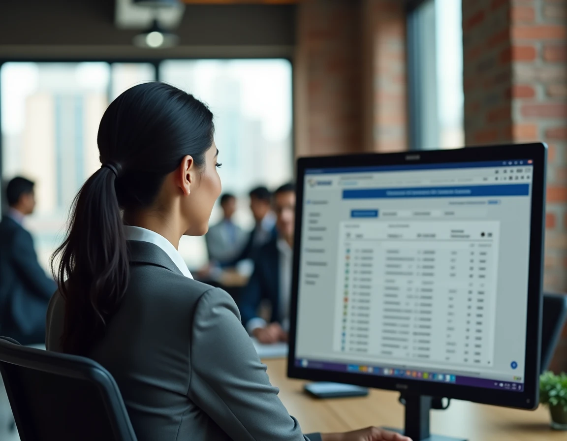 Femme professionnelle en bureau américain effectuant une recherche de transporteur Heppner depuis un ordinateur de bureau