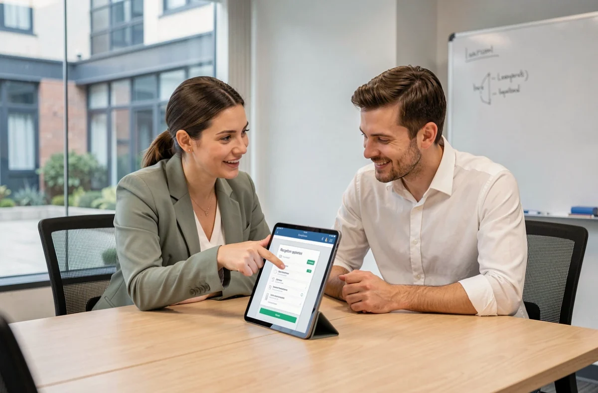 Responsable RH accompagnant un nouvel employé dans la réception de ses premiers documents via une application en ligne