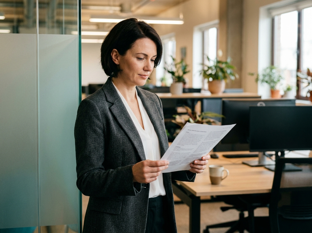 Responsable RH examinant un document contractuel dans un bureau moderne avec un air concentré