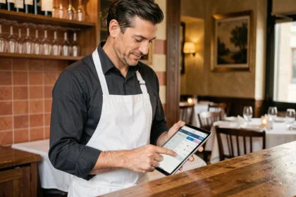 Restaurateur consultant le logiciel Restorium sur une tablette derrière le comptoir de son bistrot