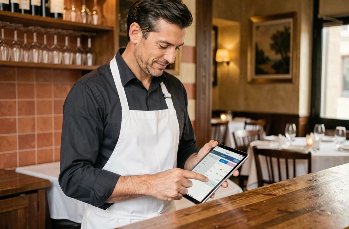 Restaurateur consultant le logiciel Restorium sur une tablette derrière le comptoir de son bistrot