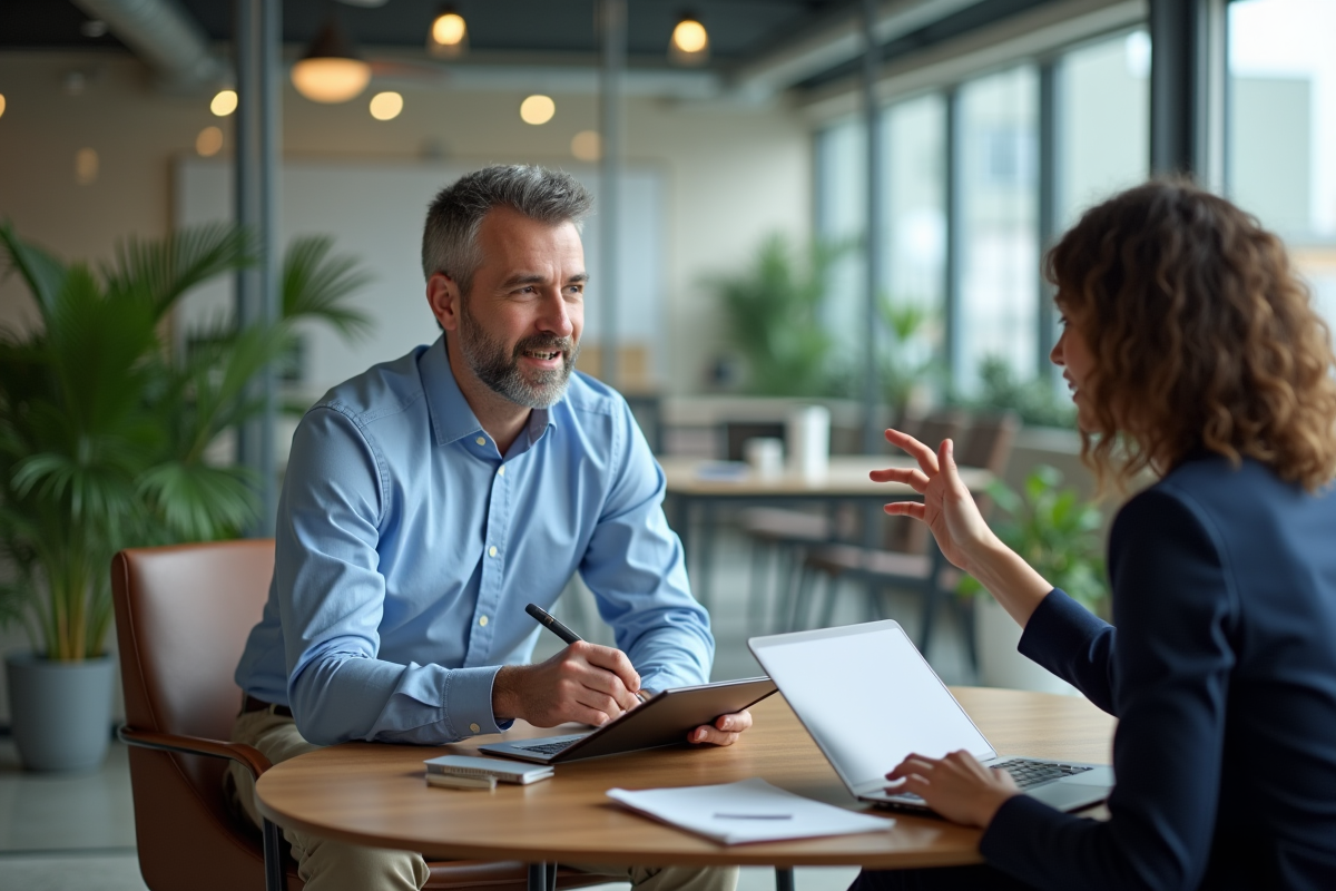 Homme d affaires et avocate lors d une réunion dans un espace de coworking
