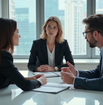 Trois professionnels en réunion dans un bureau moderne