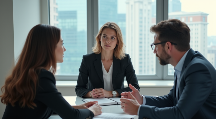 Communication BtoB : conseils efficaces pour vos échanges professionnels ! Trois professionnels en réunion dans un bureau moderne