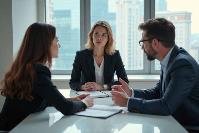 Trois professionnels en réunion dans un bureau moderne