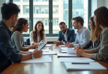 Groupe de professionnels en réunion dans un bureau lumineux