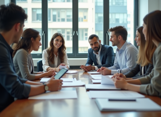 Une approche efficace du comité d’entreprise : le modèle de Loxam Groupe de professionnels en réunion dans un bureau lumineux