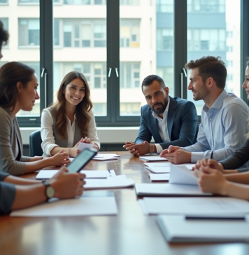 Groupe de professionnels en réunion dans un bureau lumineux