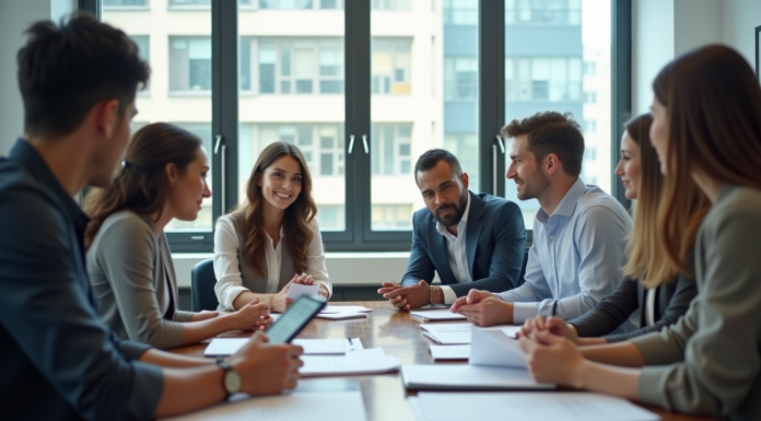 Groupe de professionnels en réunion dans un bureau lumineux