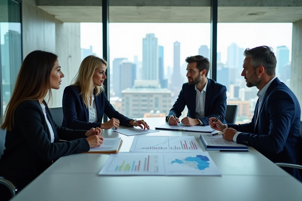 Réunion de professionnels autour d'indicateurs économiques territoriaux avec cartes et tableaux de bord numériques