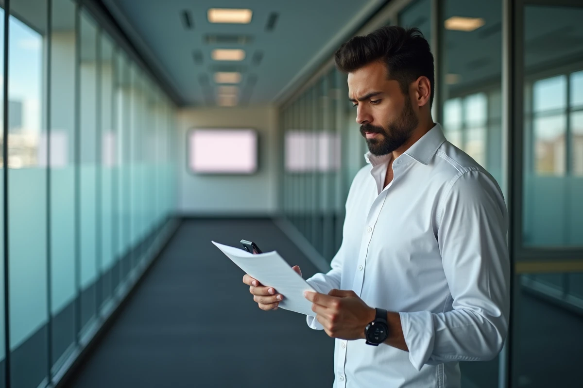 Responsable RH consultant son téléphone avec des documents papier en cas d'inaccessibilité du logiciel
