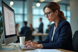 Responsable RH face à une panne informatique sur son ordinateur portable au bureau