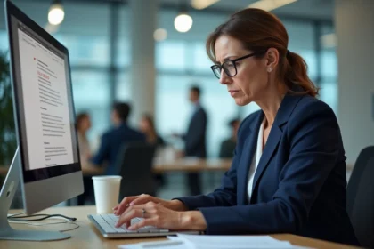 Responsable RH face à une panne informatique sur son ordinateur portable au bureau
