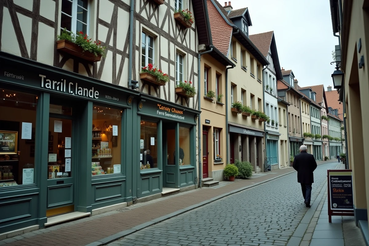 Rue commerçante d'un village alsacien avec boutiques indépendantes et devanture fermée temporairement