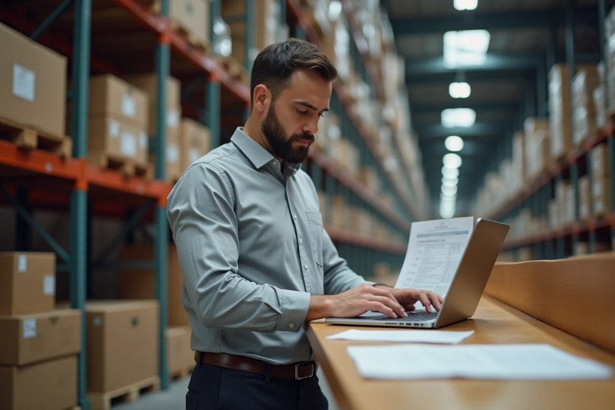 Agent logistique consultant des documents douaniers et saisissant des données sur Prodouane dans un entrepôt