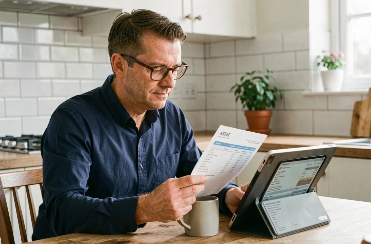 Salarié comparant sa fiche de paie papier et sa version numérique sur tablette à son domicile