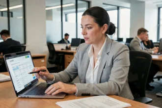 Salariée consultant sa fiche de paie dématérialisée sur un portail Arkevia depuis son bureau en entreprise