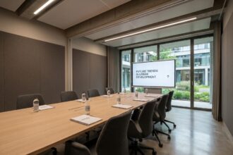 Salle de séminaire moderne avec grande table de réunion, écran de présentation et fenêtres panoramiques donnant sur un patio végétalisé