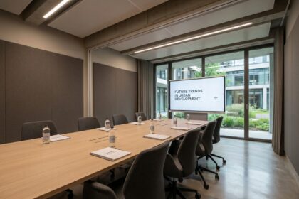 Salle de séminaire moderne avec grande table de réunion, écran de présentation et fenêtres panoramiques donnant sur un patio végétalisé