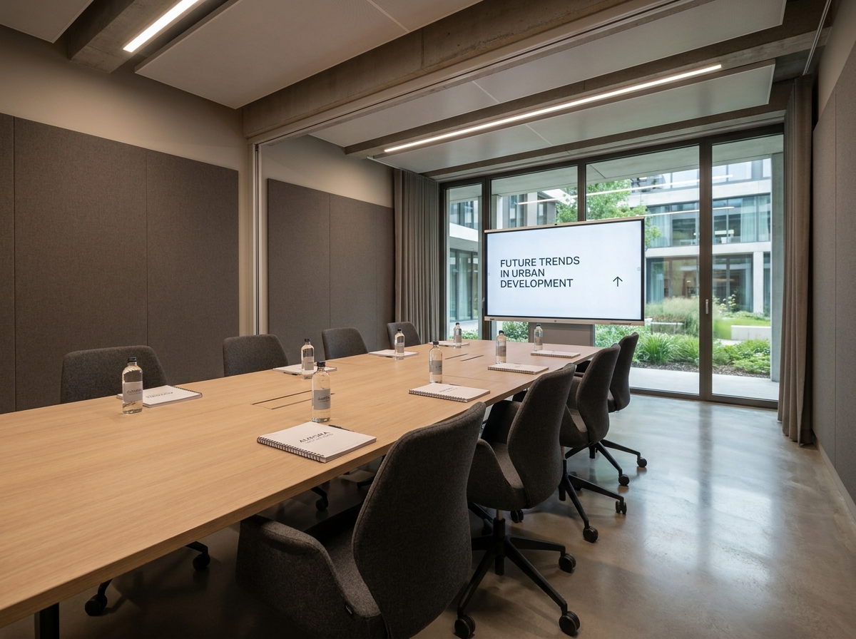 Salle de séminaire moderne avec grande table de réunion, écran de présentation et fenêtres panoramiques donnant sur un patio végétalisé