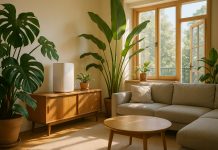 Salon moderne avec plantes vertes et purificateur d'air