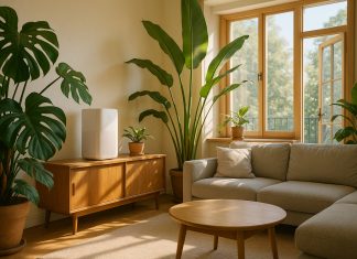 Salon moderne avec plantes vertes et purificateur d'air