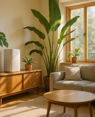 Salon moderne avec plantes vertes et purificateur d'air