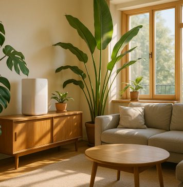 Salon moderne avec plantes vertes et purificateur d'air