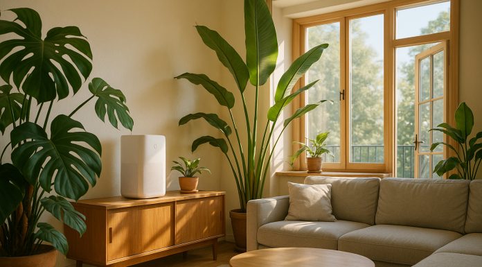 Optimiser la qualité de l’air intérieur : les bonnes pratiques en milieu résidentiel Salon moderne avec plantes vertes et purificateur d'air