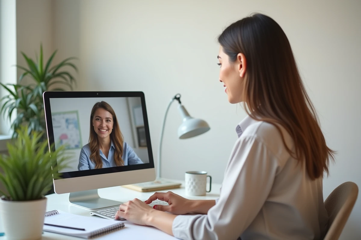 Auto-entrepreneuse en visioconférence avec sa secrétaire virtuelle pour déléguer ses tâches administratives