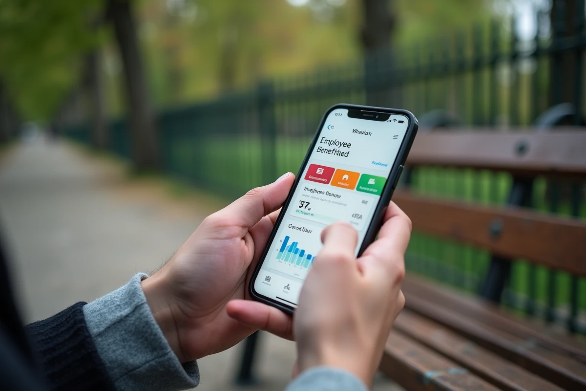 Mains tenant un smartphone affichant le tableau de bord CSE2 RATP dans un parc parisien lors d'une pause déjeuner