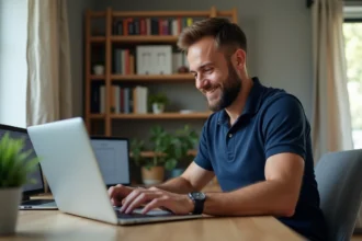 Homme consultant le suivi sportif de son club sur un extranet en ligne depuis son bureau à domicile