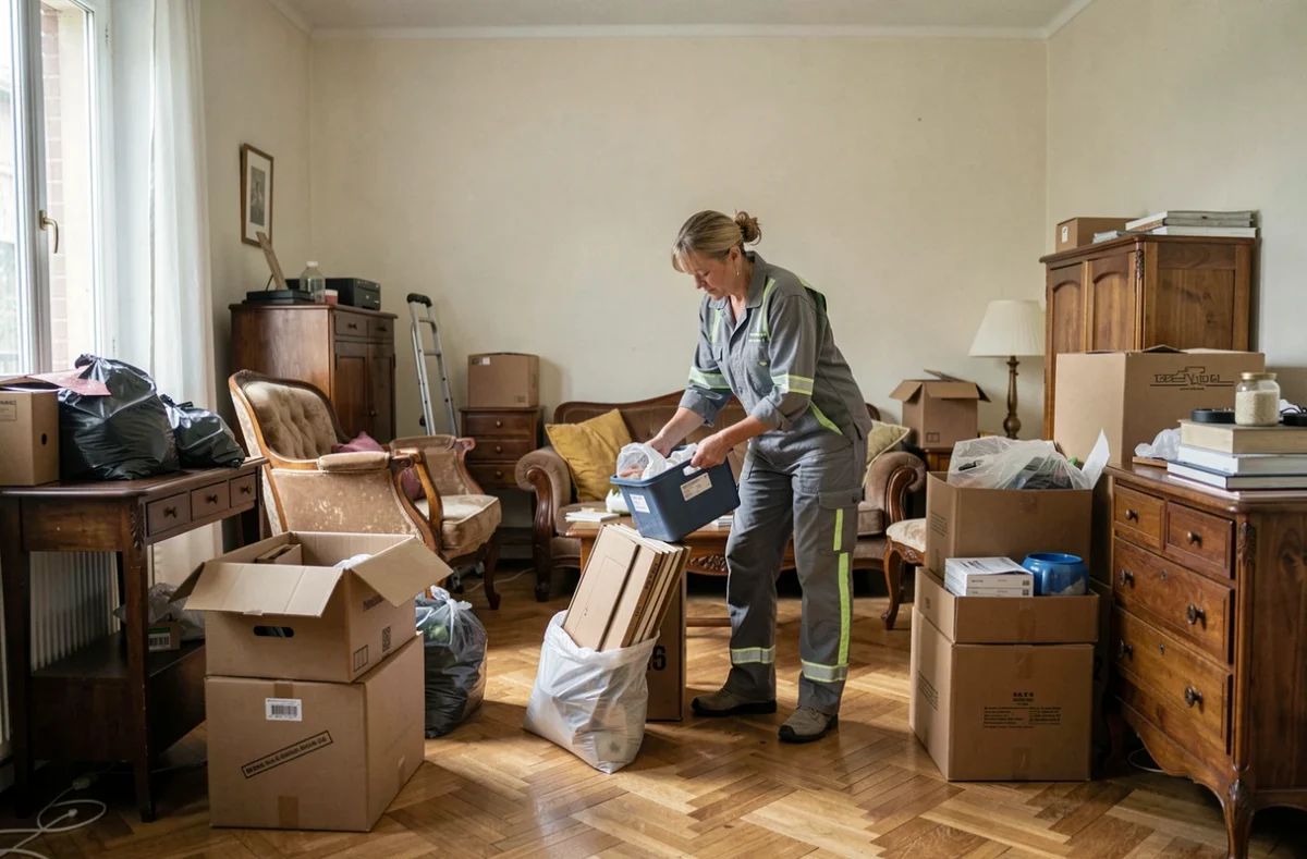 Agente de Super Débarras triant des objets lors d'un débarras d'appartement à Bordeaux